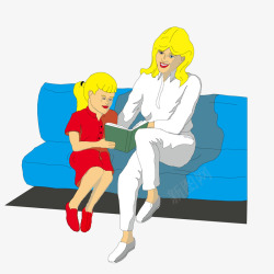 坐在沙发上教女儿看书的母亲矢量图素材