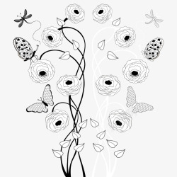手绘线描花卉蝴蝶装饰矢量图素材