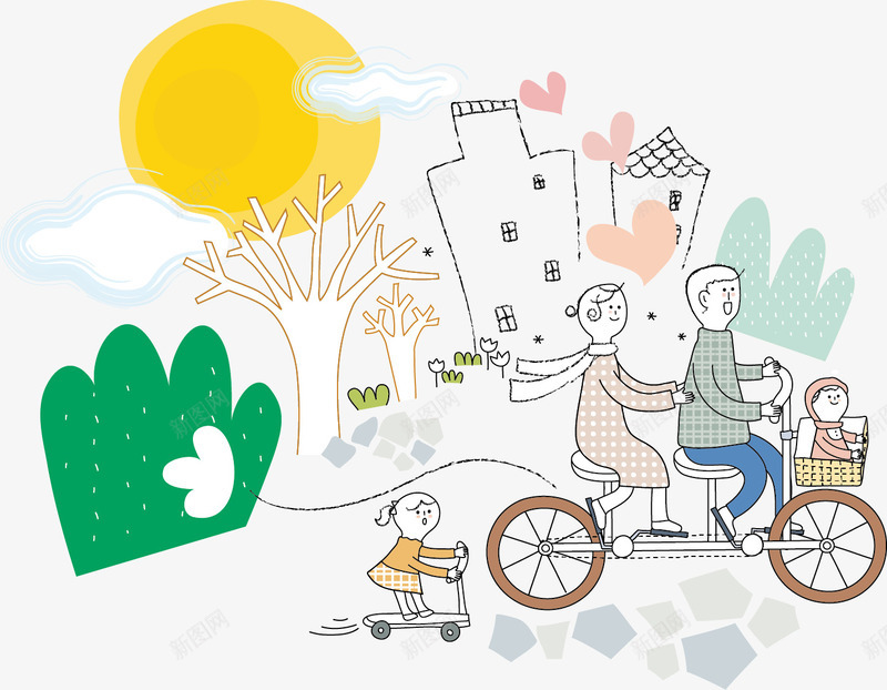 手绘骑自行车的幸福一家人png免抠素材_88icon https://88icon.com 卡通人物 房子 手绘 自行车