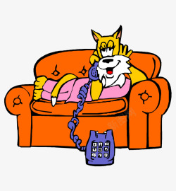 卡通手绘沙发上打电话狗素材