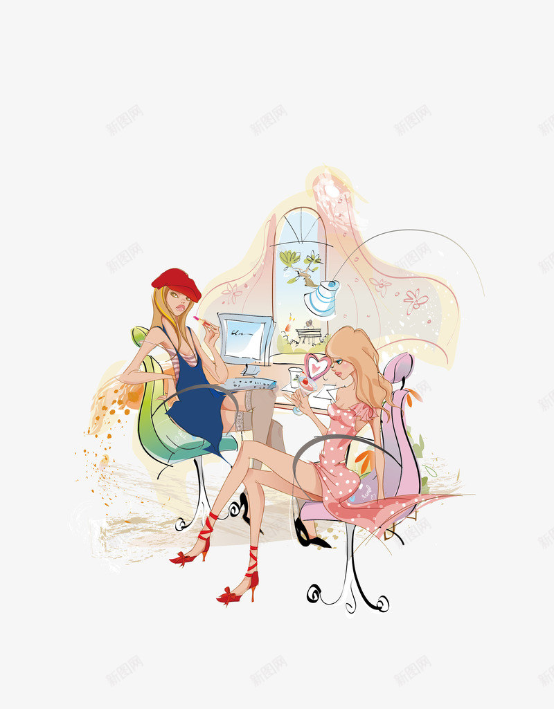 两个时尚的女郎在电脑桌前png免抠素材_88icon https://88icon.com 化妆 卡通手绘 时尚女郎 桌子 电脑