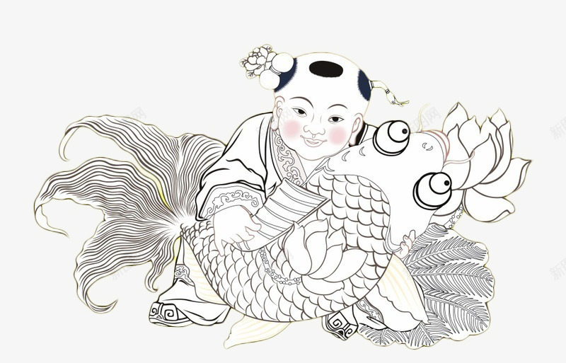 线描孩童抱鱼png免抠素材_88icon https://88icon.com 孩童 年画 线描 装饰