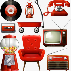 红色电视机红色沙发和电视机矢量图高清图片