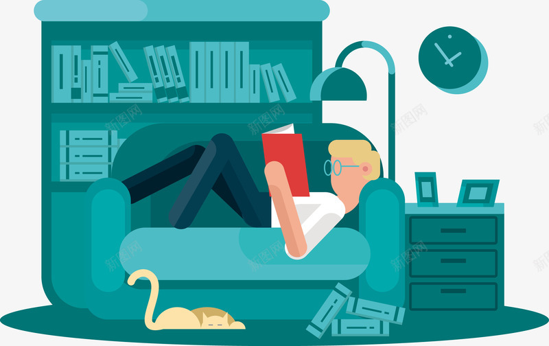 男子躺在沙发上看书png免抠素材_88icon https://88icon.com 书柜 书籍 卡通 卧室 台灯 抽屉 猫咪 看书