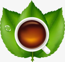 三片茶叶托着茶杯素材