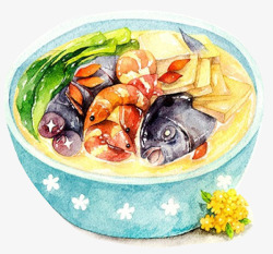 手绘食物鱼豆腐青菜小龙虾素材