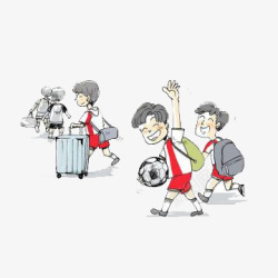 拖着行李箱拿着足球的小男孩素材