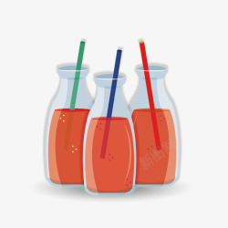 三个杯子三个玻璃瓶里扁平化红色的西柚汁矢量图高清图片