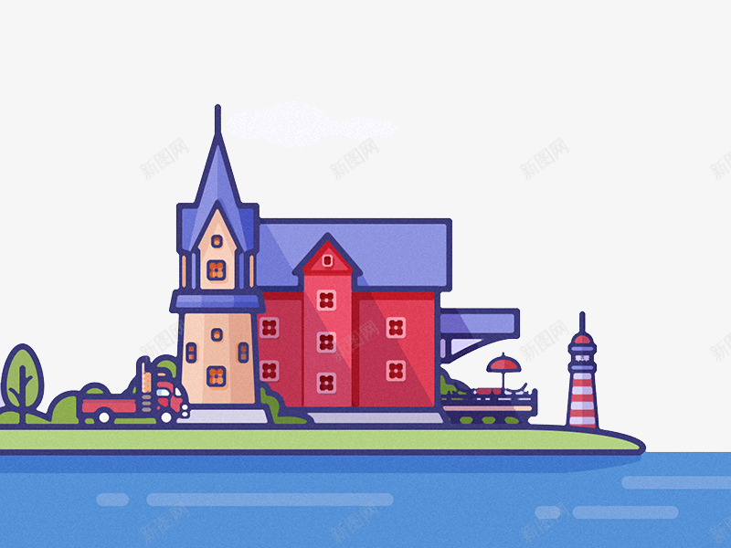 海边别墅png免抠素材_88icon https://88icon.com 别墅 国外创意素材 大海 灯塔 矢量插图 红色