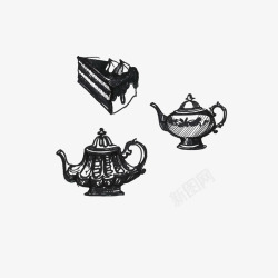 手绘黑色素描英式红茶糕点矢量图素材