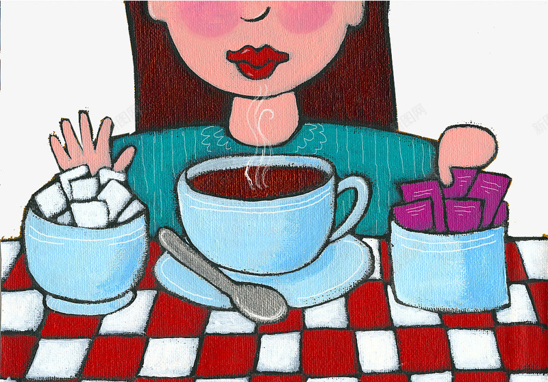 装饰插图喝咖啡调味的女孩png免抠素材_88icon https://88icon.com 喝咖啡人物 喝咖啡的女孩 糖块 红色格子桌布 装饰插图 调味咖啡 调味糖包