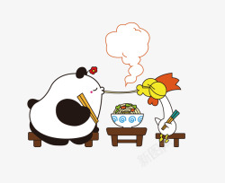 卡通吃面的熊猫与鸡素材