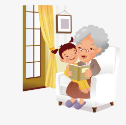 坐在沙发上给孙女讲故事的奶奶素材