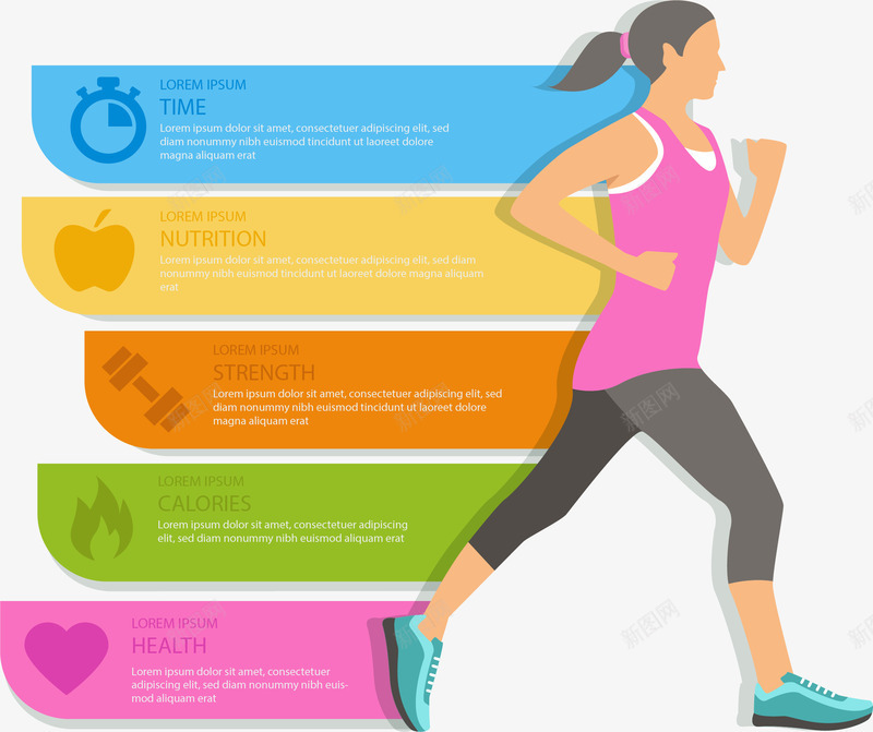 彩色跑步的人信息图表png免抠素材_88icon https://88icon.com 分类图表 创意图表 矢量素材 肌肉女 跑步的人