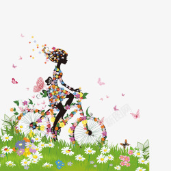 草地和鲜花卡通女孩踩自行车素材