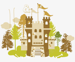彩色卡通欧式城堡旗帜树木素材