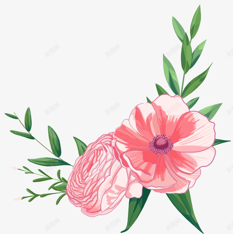 卡通手绘两朵粉色的花png免抠素材_88icon https://88icon.com 两朵花 动漫动画 卡通花朵 手绘 粉色的花朵 绿叶