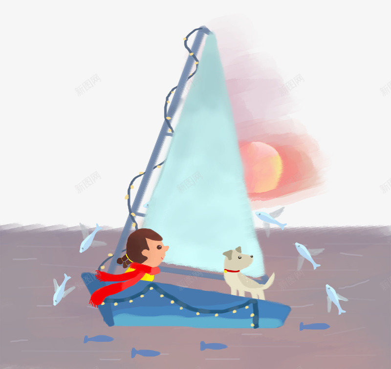 卡通手绘航海出行的人psd免抠素材_88icon https://88icon.com 卡通 手绘 狗狗装饰 航海出行的人 蓝色的船 跃起的鱼