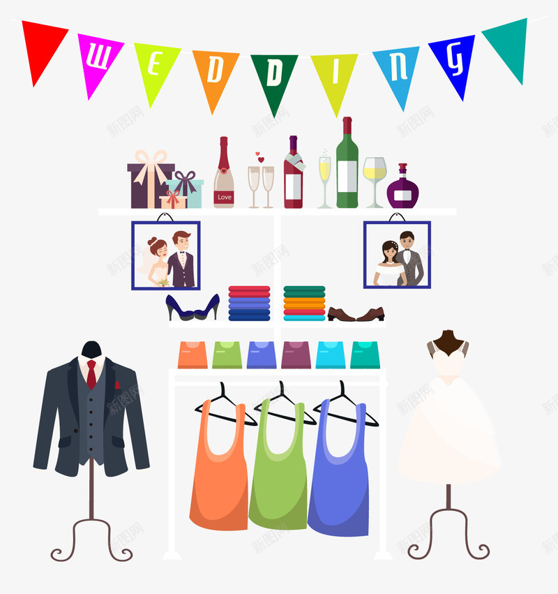 卡通婚礼衣服店矢量图ai免抠素材_88icon https://88icon.com 婚纱照 红酒 衣架 西装 矢量图