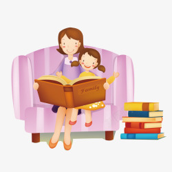 坐在沙发上教女儿读书的妈妈矢量图素材