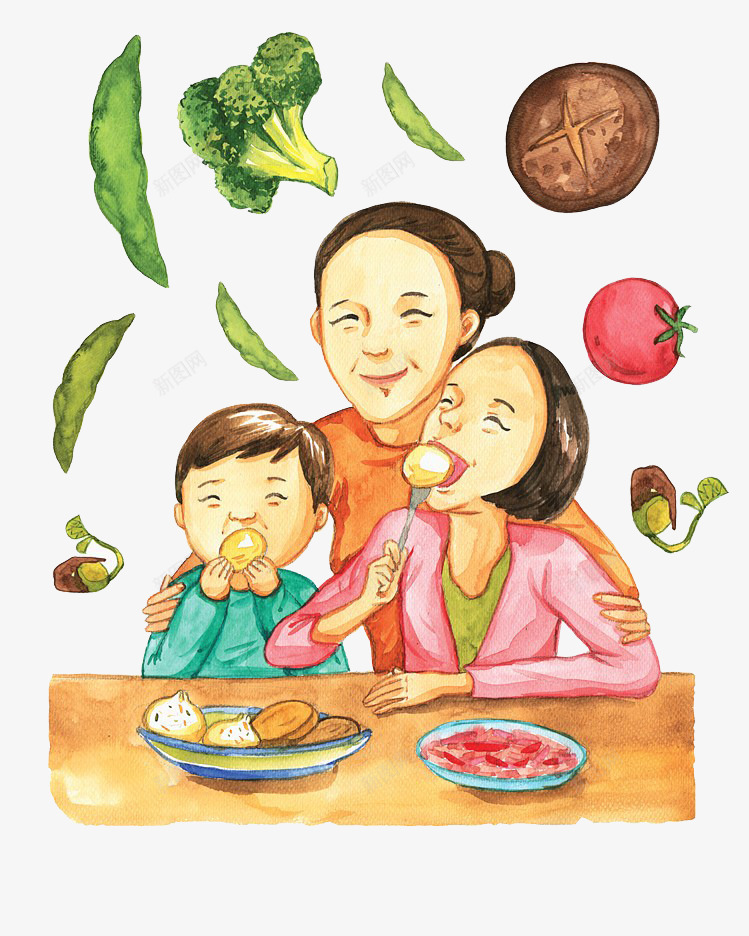 全家吃饭png免抠素材_88icon https://88icon.com 孩子 桌子 蔬菜 食物