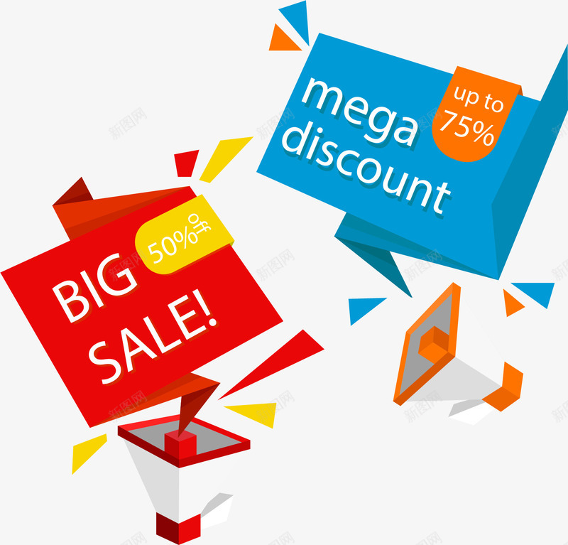 手绘折纸标签png免抠素材_88icon https://88icon.com 大喇叭 广播 手绘 折纸促销标签 红色促销标签 蓝色促销标签