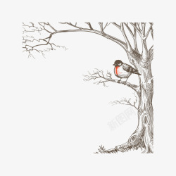 手绘线描艺术树鸟装饰图案矢量图素材