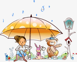 手绘漫画雨天人物雨伞素材