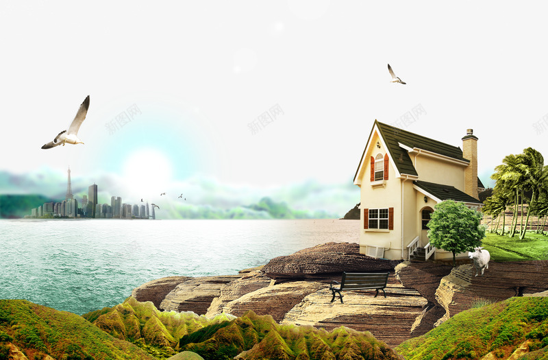 海鸥海边别墅psd免抠素材_88icon https://88icon.com 别墅 地产 水岸 海边 海边别墅