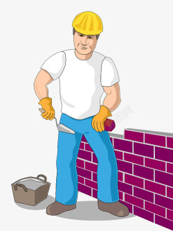 插图建筑工人方砖堆砌墙面素材