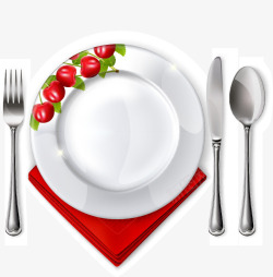 手绘插图西餐餐具白瓷盘与刀叉勺素材