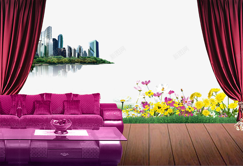 木地板上的紫色沙发png免抠素材_88icon https://88icon.com 传统 商业元素 地产元素 帷幕 木地板上的紫色沙发 植物花卉 楼盘 窗帘