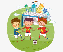 卡通彩色踢足球三个小男孩素材
