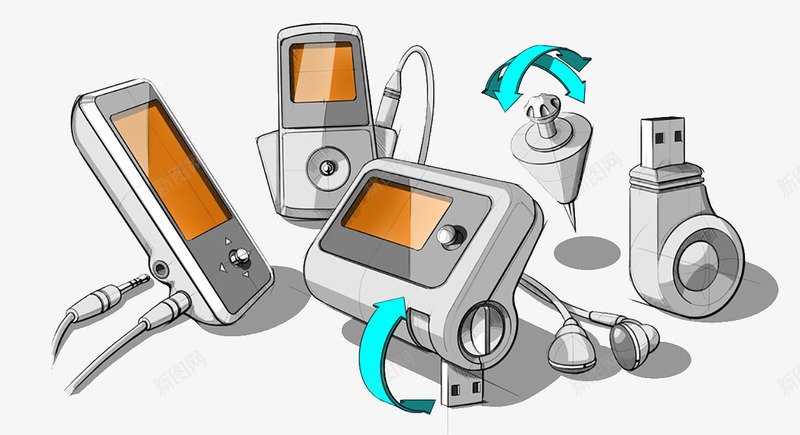 橘色手绘数码科技mp播放器png免抠素材_88icon https://88icon.com mp3 手机 播放器 数码科技 高科技