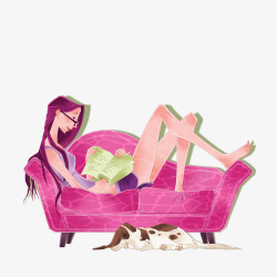美女坐沙发上看书素材