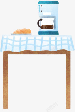 手绘可爱蓝色咖啡机桌子素材