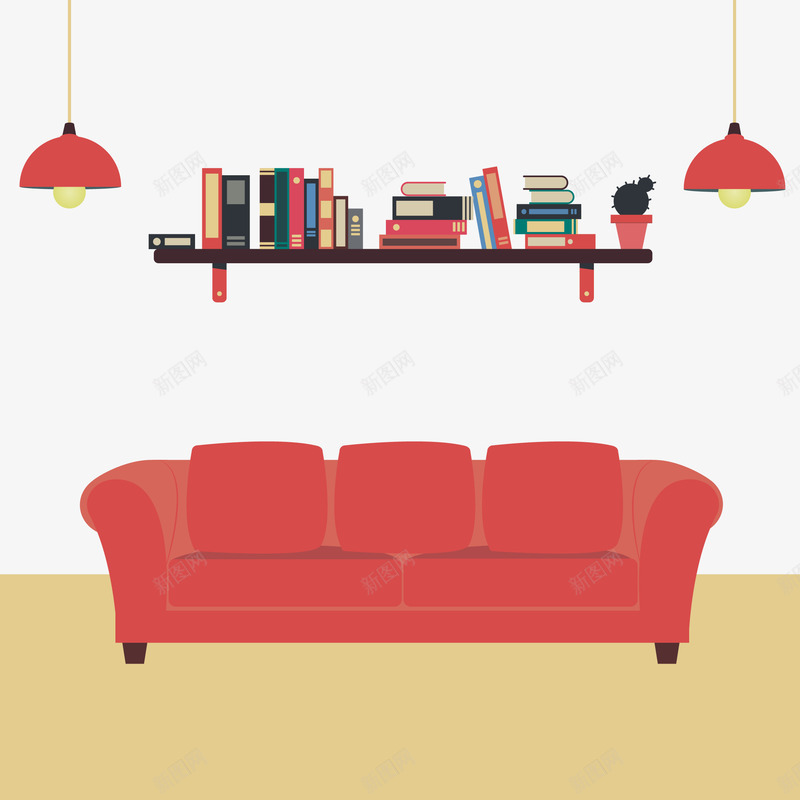 书和红色沙发矢量图ai免抠素材_88icon https://88icon.com 世界读书日 书 书架 沙发 电灯 矢量图