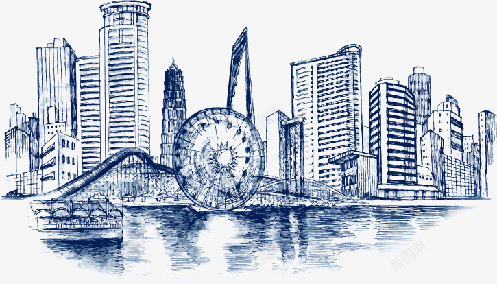 手绘线描城市建筑png免抠素材_88icon https://88icon.com 城市 建筑 手绘 线描