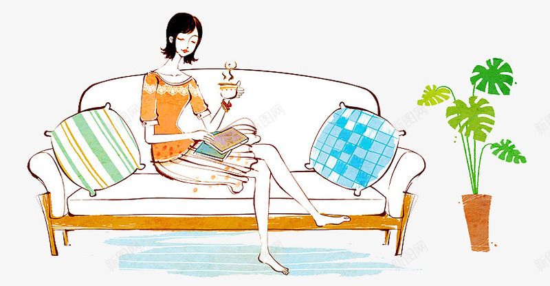手绘插图喝咖啡的女孩png免抠素材_88icon https://88icon.com 咖啡 喝咖啡人物 坐在沙发 女孩 手绘插图 植物 边喝咖啡边读书