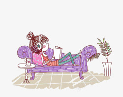 美女看书卡通躺在沙发上听歌看书的女孩高清图片