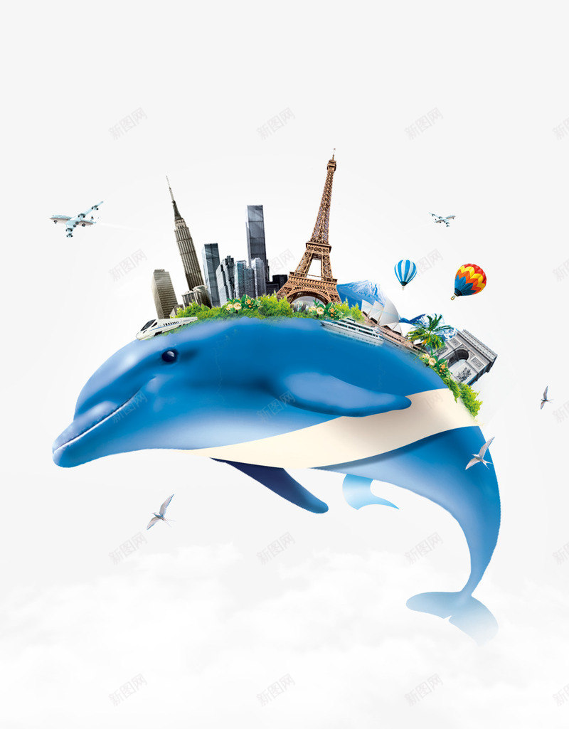 蓝色海豚上的建筑背景psd免抠素材_88icon https://88icon.com 建筑 海豚 素材背景 蓝色