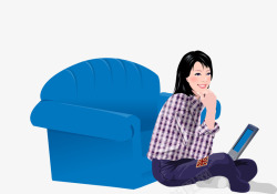 蓝色沙发看平板电脑的女人矢量图素材