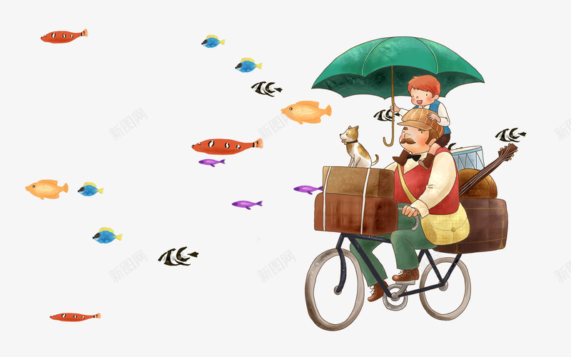 骑自行车的父子png免抠素材_88icon https://88icon.com 父子 自行车 雨伞 鱼儿