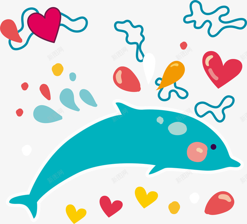 手绘动物png免抠素材_88icon https://88icon.com 卡通装饰 小海豚 心形装饰 扁平化 手绘图 矢量图案