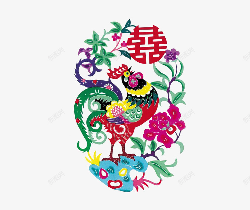鸡报囍缘png免抠素材_88icon https://88icon.com 公鸡 剪纸 喜事 婚姻 幸福 抽象鸡 艺术 花朵 花鸡