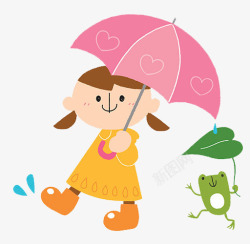 可爱卡通插图下雨撑伞的可爱女孩素材