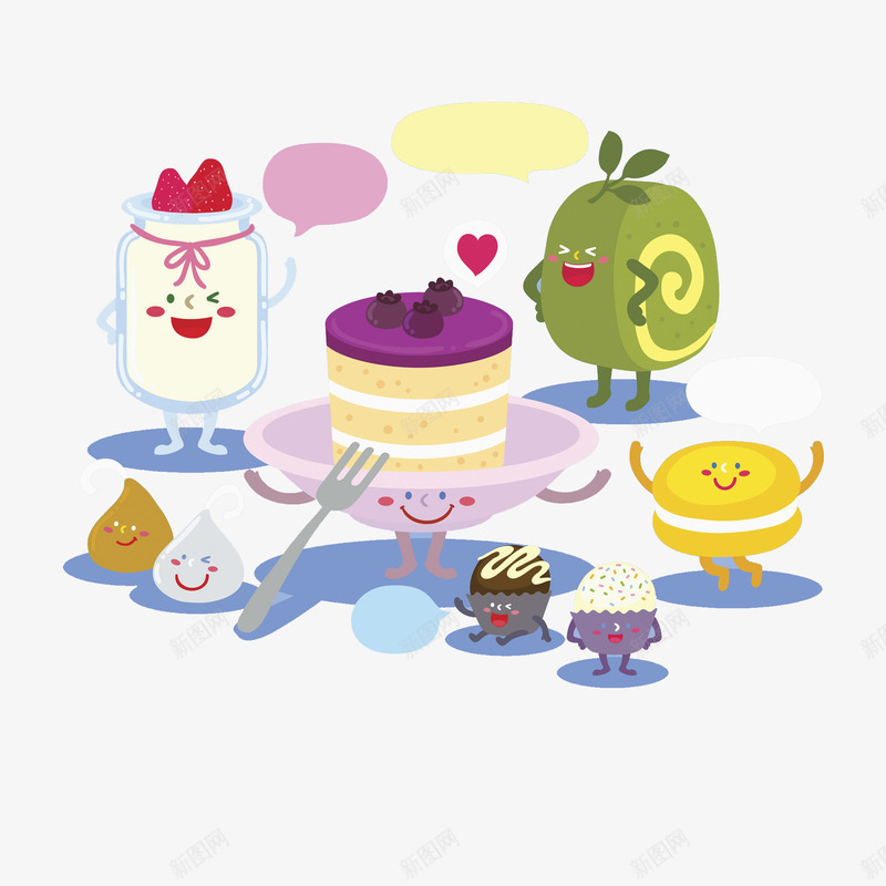 一群高兴的食物图png免抠素材_88icon https://88icon.com 卡通手绘 叉子 水彩 甜点 绿色水果 美食 食物 高兴