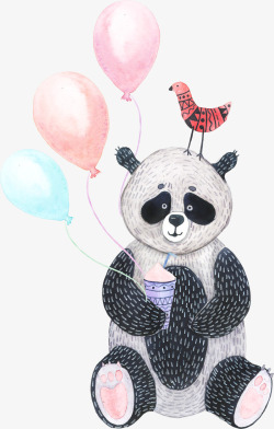 卡通手绘熊猫与气球素材