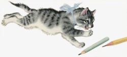 手绘水彩猫抓铅笔素材