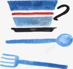 蓝色清新水彩餐具素材